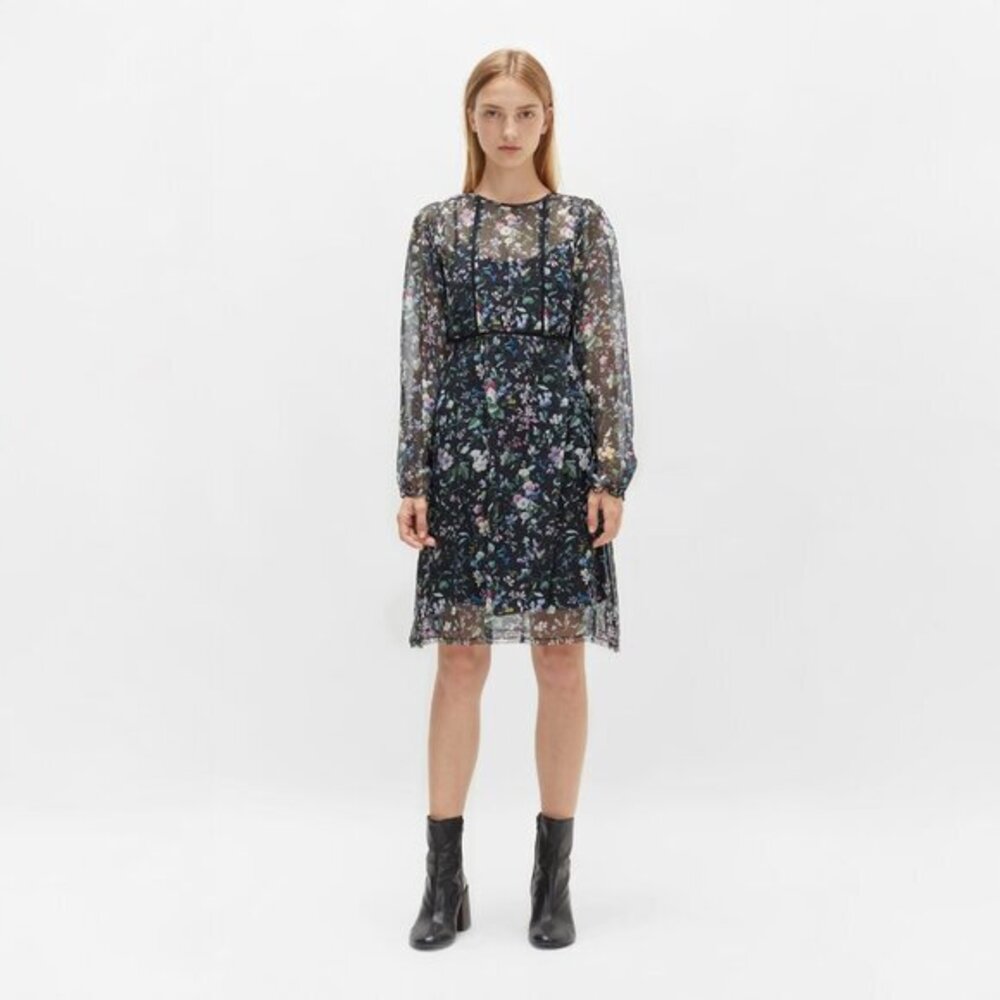 R13 Long Sleeve Mini Dress in Black Botanical - sz Small